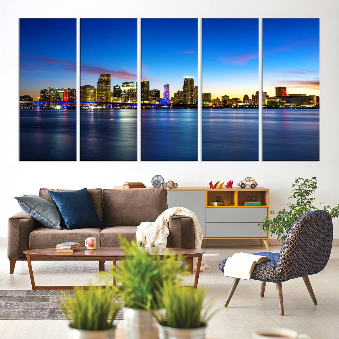 The living room features a Miami City Wall Art Canvas Print—a gallery-wrapped triptych displaying a city skyline at dusk, adding museum-quality elegance to the space.