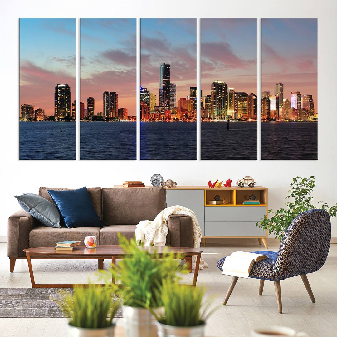 The Wall Art MIAMI Canvas Print emphasizes a vibrant cityscape at sunset. This artwork is presented on museum-quality canvas with gallery-wrapped edges, ensuring it stands out while maintaining its pristine condition for years to come.