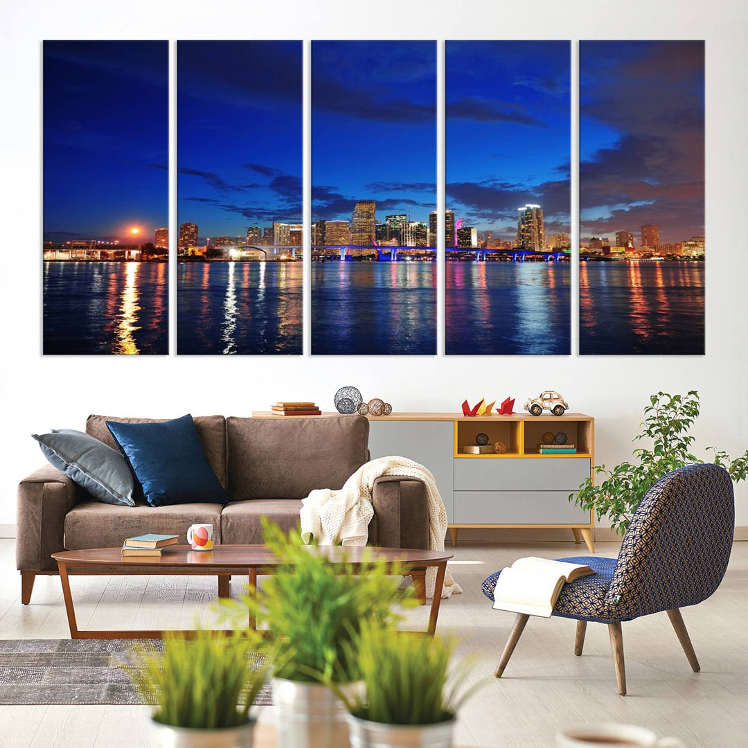 A large Miami City View Wall Art Canvas Print featuring the Miami City Skyline Panorama at night is displayed above the dresser.