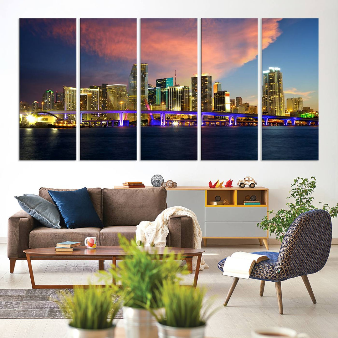 The modern living room is enhanced by the "Miami City Wall Art Canvas Print," a stunning triptych portraying a city skyline at sunset. These canvases are gallery wrapped and made from museum-quality materials, featuring a UV-protective coating to ensure lasting vibrancy.