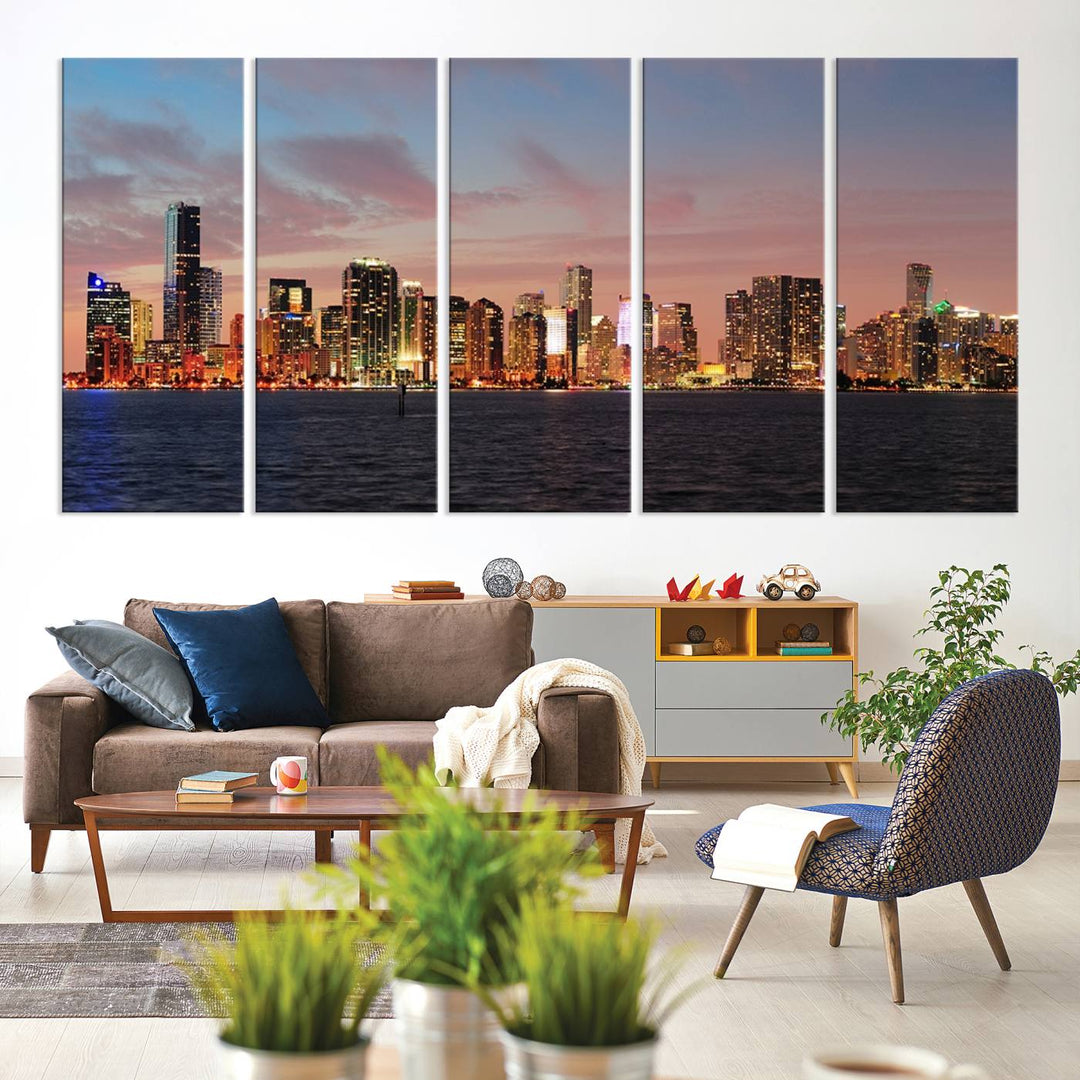 The living room features a gallery-wrapped triptych of the Miami City Wall Art Canvas Print above the sofa.