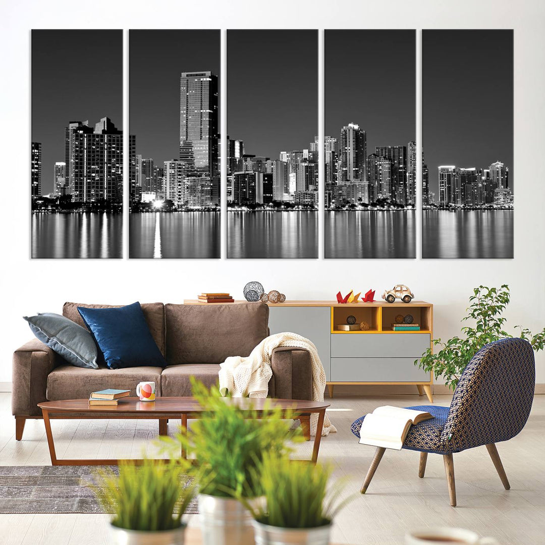 The Miami City Wall Art Canvas Print, a stunning triptych of the Miami skyline, elegantly hangs in this modern living room.