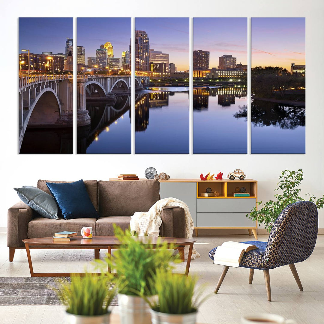 Display the Minneapolis Wall Art Canvas Print, featuring the Minnesota cityscape at dusk, on gallery-wrapped, museum-quality canvas.