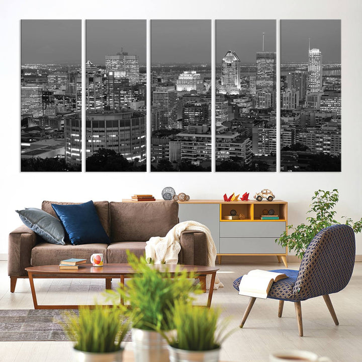 The gallery-wrapped, museum-quality canvas print features the Montreal Canada City Wall Art, showcasing a cityscape at night in black and white.