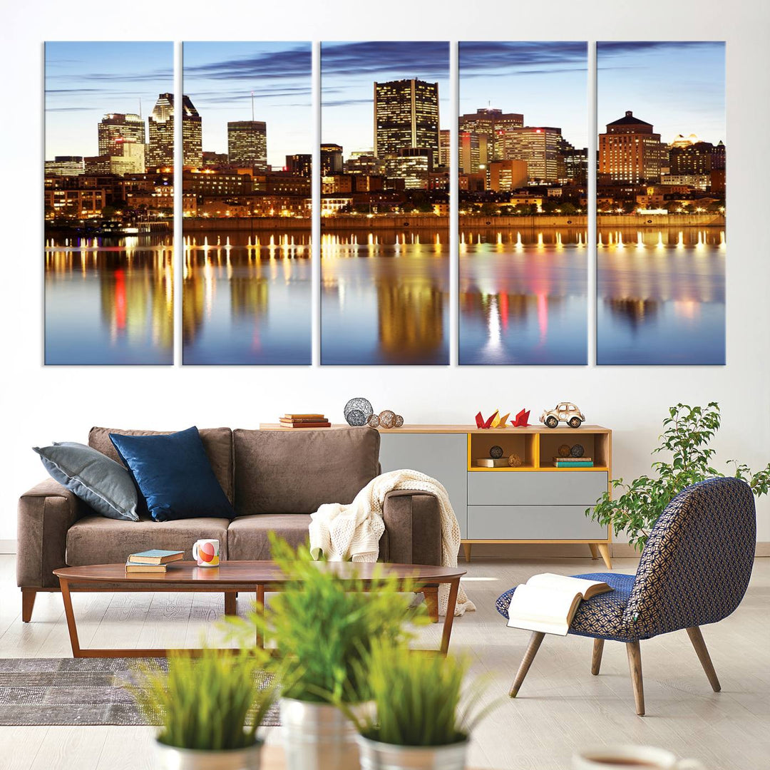 A Montreal Canada City Wall Art Canvas Print, depicting the cityscape at dusk and reflecting in calm waters, is crafted with museum-quality canvases and a UV-protective coating. This remarkable piece guarantees vibrant colors that remain stunning and ready to hang for years to come.