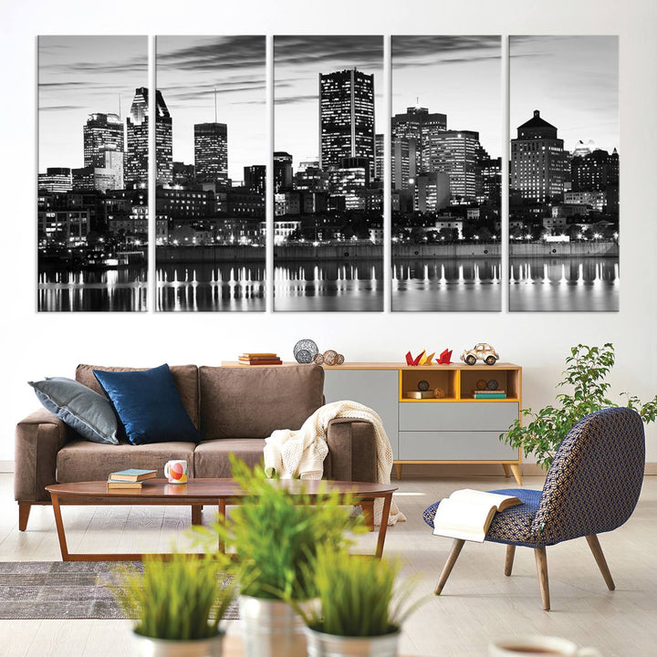 The contemporary living room features the Montreal Canada City Wall Art Canvas Print, an elegantly gallery-wrapped triptych on museum-quality canvas, prominently hung above.