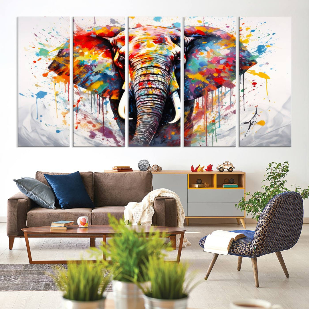 Impresión en lienzo de arte abstracto de pared de elefante de acuarela para decoración moderna del hogar, oficina, sala de estar y comedor