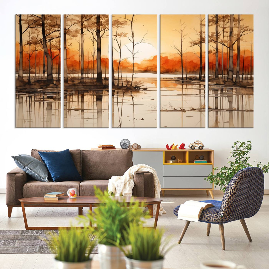 An Abstract Watercolor Trees and Sunset on Lake Wall Art Canvas Print, created on museum-quality canvas.