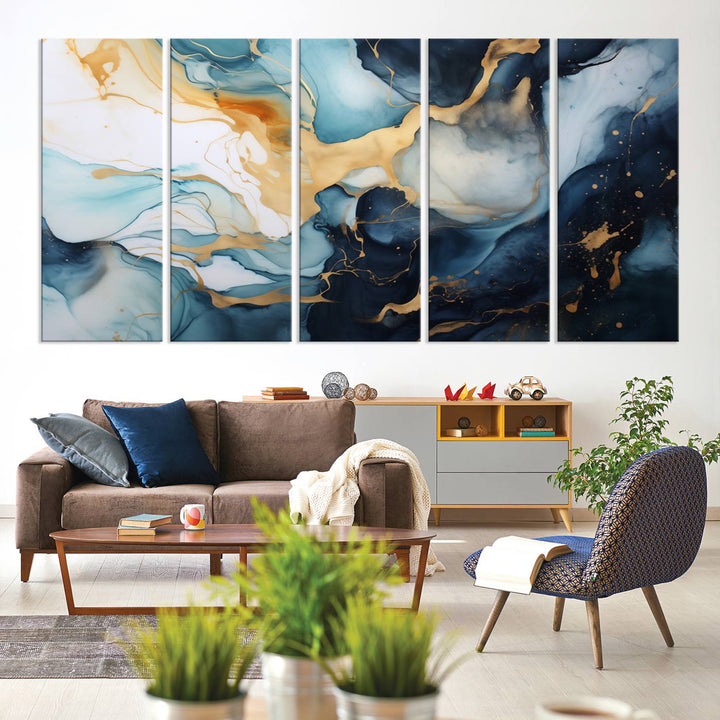 The living room is enhanced by the Marble Fluid Abstract Wall Art Canvas Print, which adds a touch of sophistication.