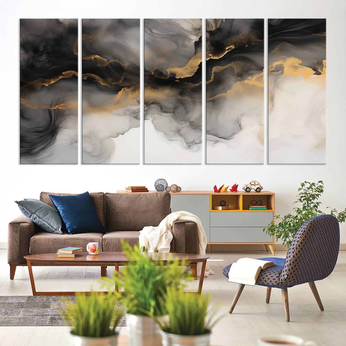 Brown Smoke Art Canvas Print for Living Room Home Decor graces a dark wall.