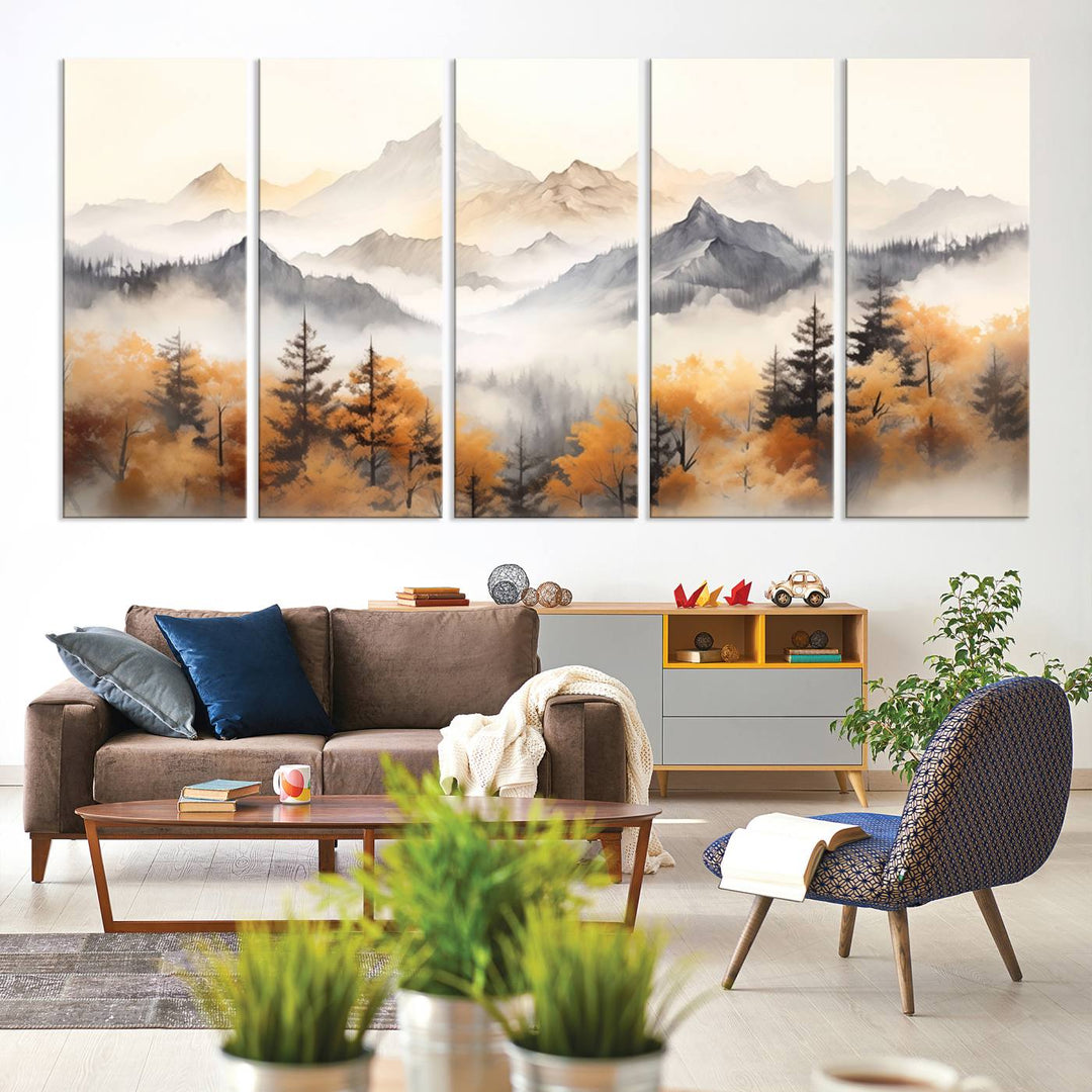 Abstract Watercolor Mountains and Trees Autumn Wall Art