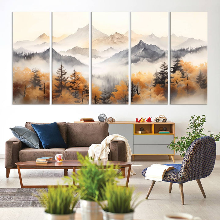 Art mural abstrait aquarelle montagnes et arbres automne