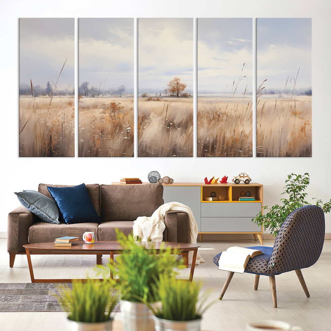 The modern living room features the Golden Fields Canvas Wall Art Print – Serene Landscape of Nature’s Tranquility in Minimalist for Farmhouse Decor, showcasing serene golden fields that enhance the calming ambiance.