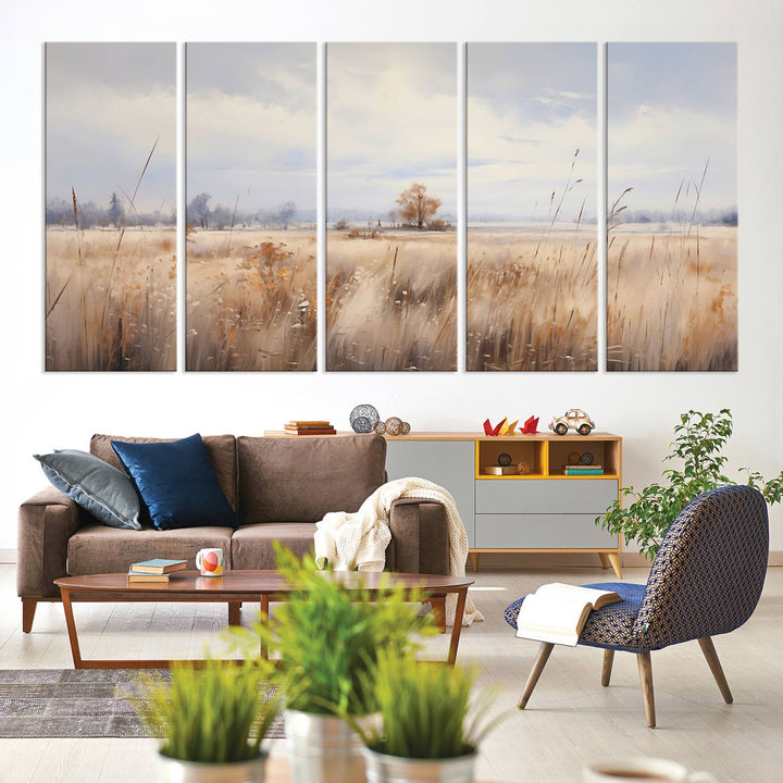 The modern living room features the Golden Fields Canvas Wall Art Print – Serene Landscape of Nature’s Tranquility in Minimalist for Farmhouse Decor, showcasing serene golden fields that enhance the calming ambiance.