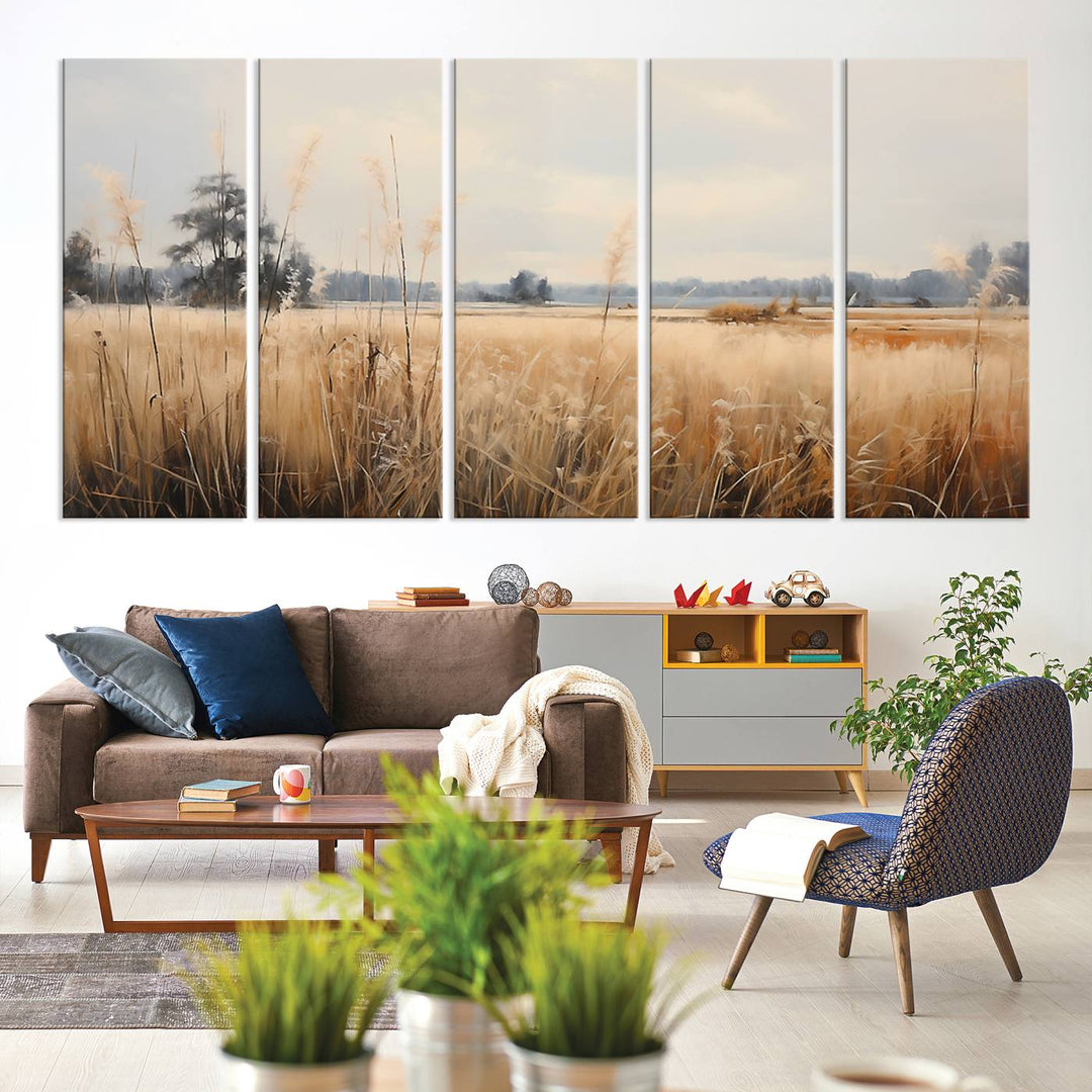 A Wildflower Field Landscape Oil Painting, showcasing a vintage art print of a serene field with tall grasses and distant trees, is beautifully presented on museum-quality canvases with gallery-wrapped edges.