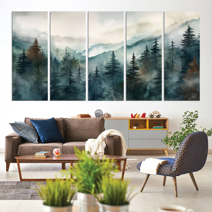 A set of Serenity Forest Wall Art Canvas prints, showcasing foggy mountain landscapes, is displayed in the living room.