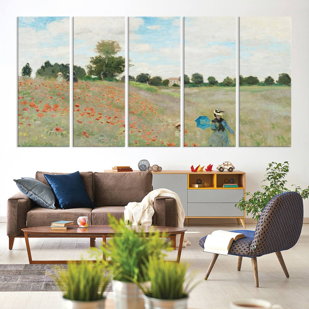 The Claude Monet The Poppy Field Canvas Print features a scene of a serene meadow with blooming flowers and a woman and child. It is printed on museum-quality canvas with UV-protective coating.