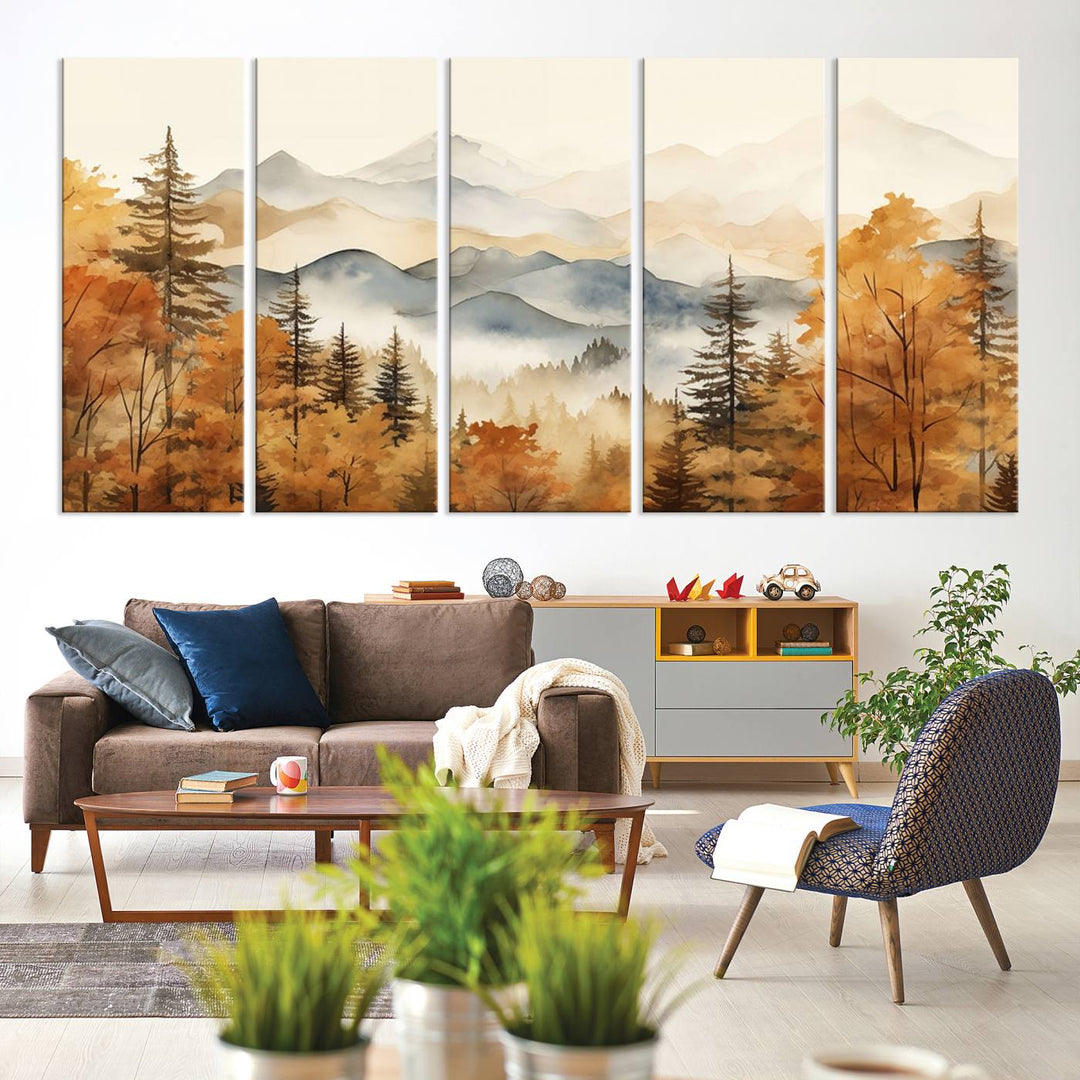 Abstract Mountain Mist Canvas Wall Art – Tranquil Autumn Forest and Misty Peaks - Ready to Hang