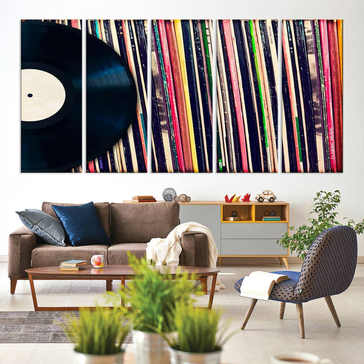 The room showcases the "Vinyl Record and Album Collection Canvas Wall Art," a perfect retro music decor piece for vintage vinyl lovers.