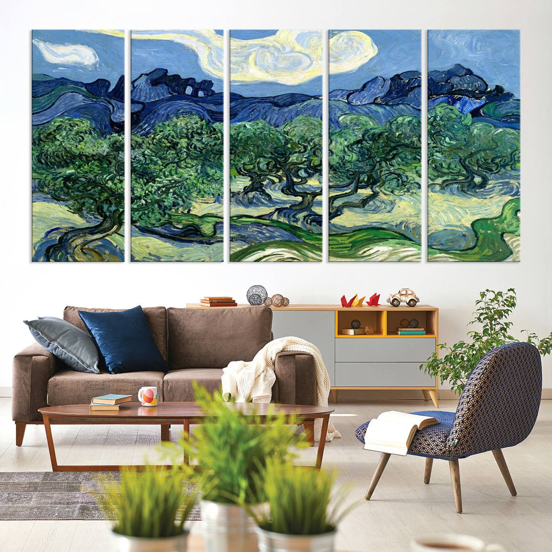 The Olive Trees Van Gogh Wall Art Canvas Print enhances the living room with its vivid landscape on museum-quality canvas, complete with a UV-protective coating.