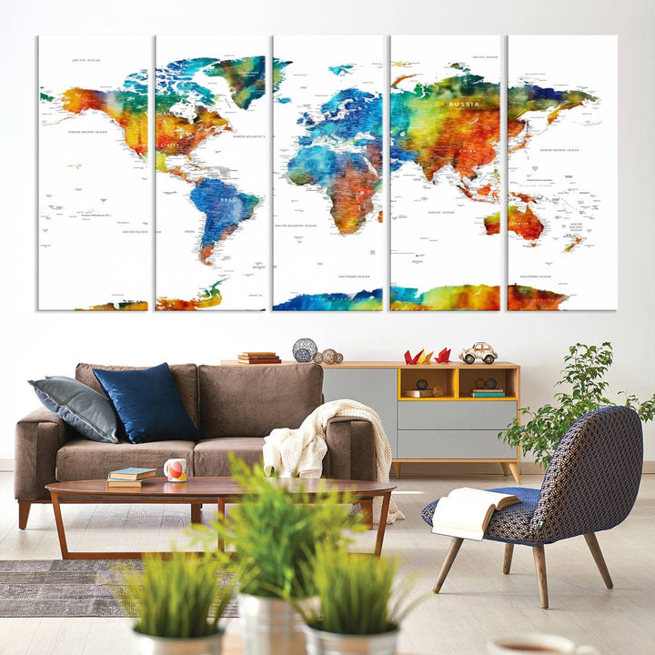 Mixcolor World Map Wall Art Canvas Print, showcasing vibrant colors and a gallery-quality finish.