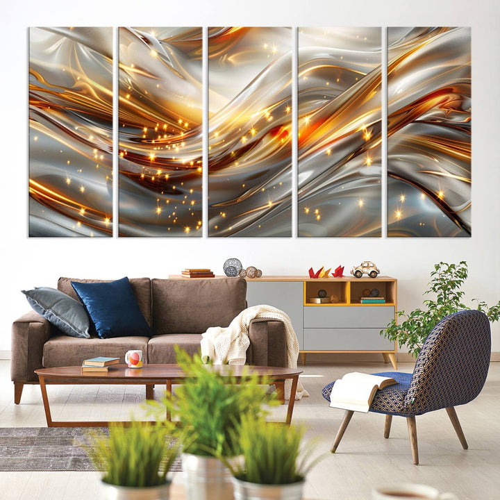 The Elegant Modern Gold Abstract Wall Art - Premium Framed Canvas Print for Home & Office Decor showcases a captivating triptych with swirling metallic designs and golden sparkles, perfectly enhancing contemporary interiors.