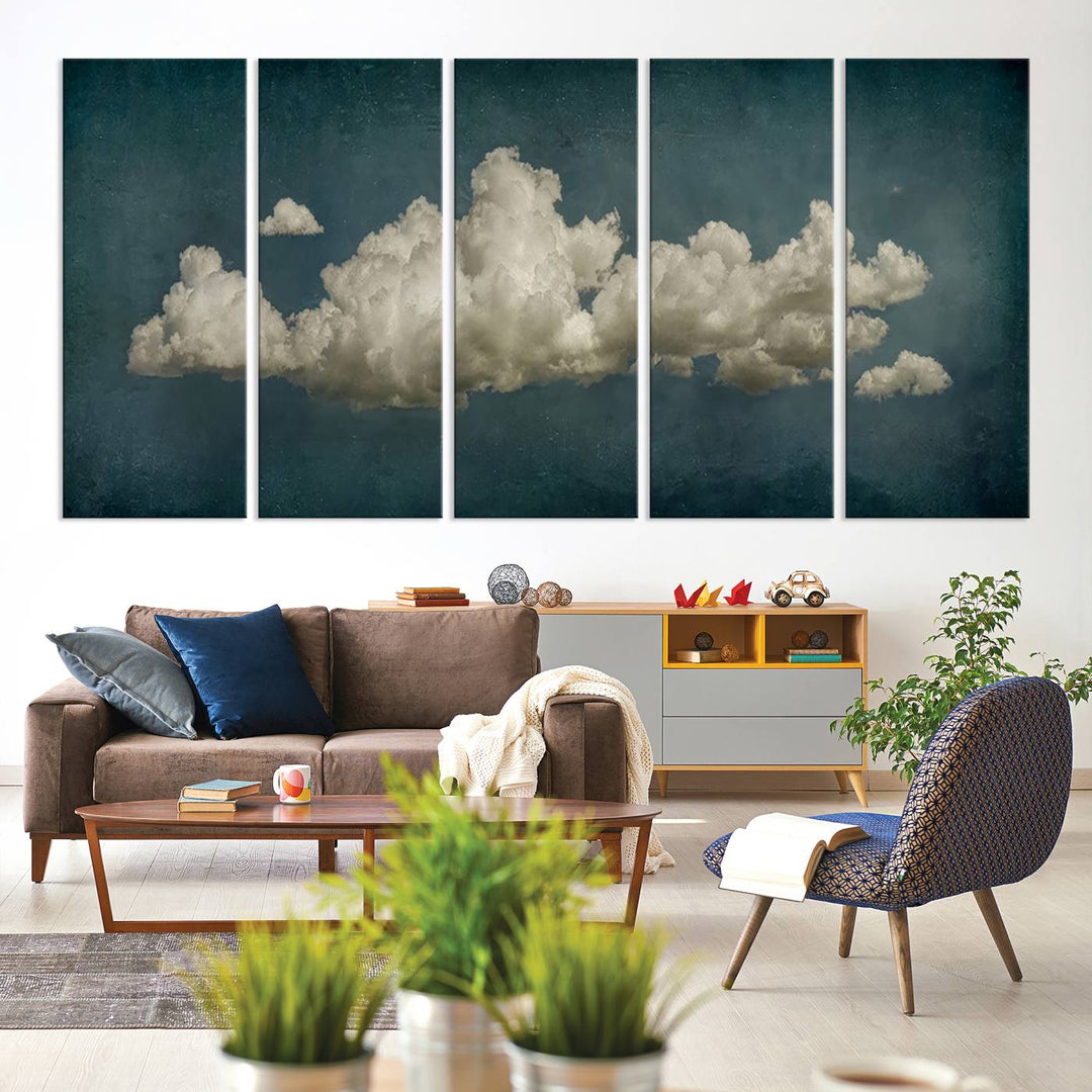 The Vintage Green Clouds Wall Art Canvas Print, set against a teal backdrop, showcases breathtaking canvas artwork with a gallery-quality finish.