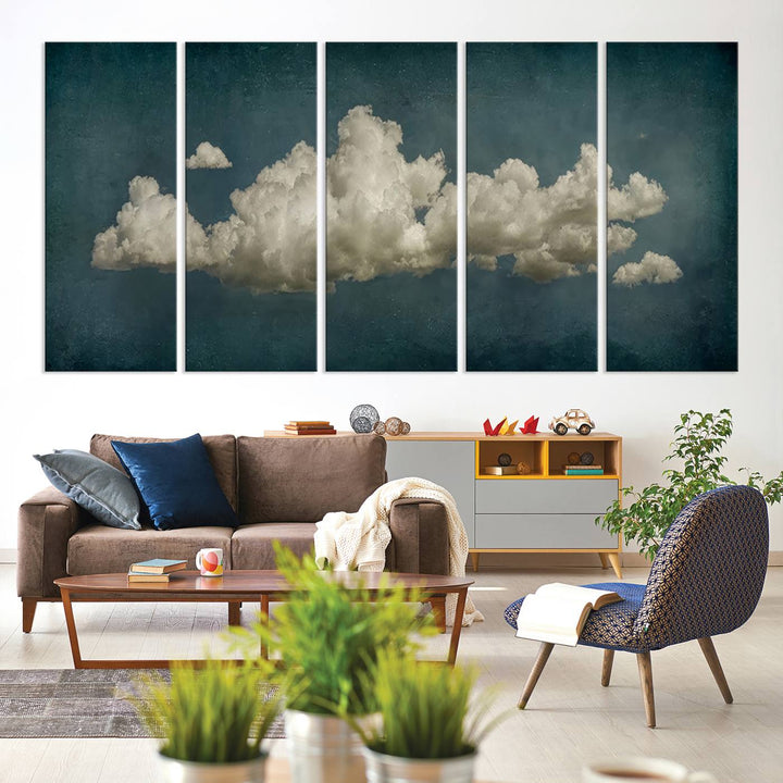 The Vintage Green Clouds Wall Art Canvas Print, set against a teal backdrop, showcases breathtaking canvas artwork with a gallery-quality finish.