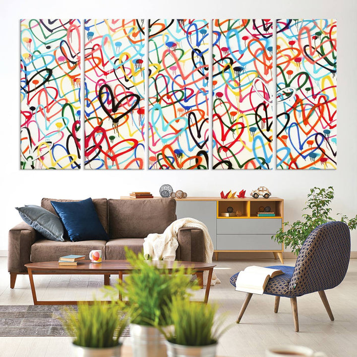 The "Colorful Love Canvas print," featuring vibrant abstract street art with overlapping loops, is handmade in the USA.