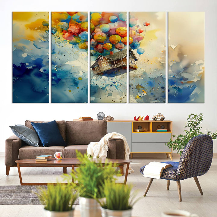 The Cartoon Movie Wall Art Canvas Print, featuring a vibrant house lifted by balloons and split across three panels, serves as captivating wall art. Handmade in the USA, it adds charm and whimsy to any space.