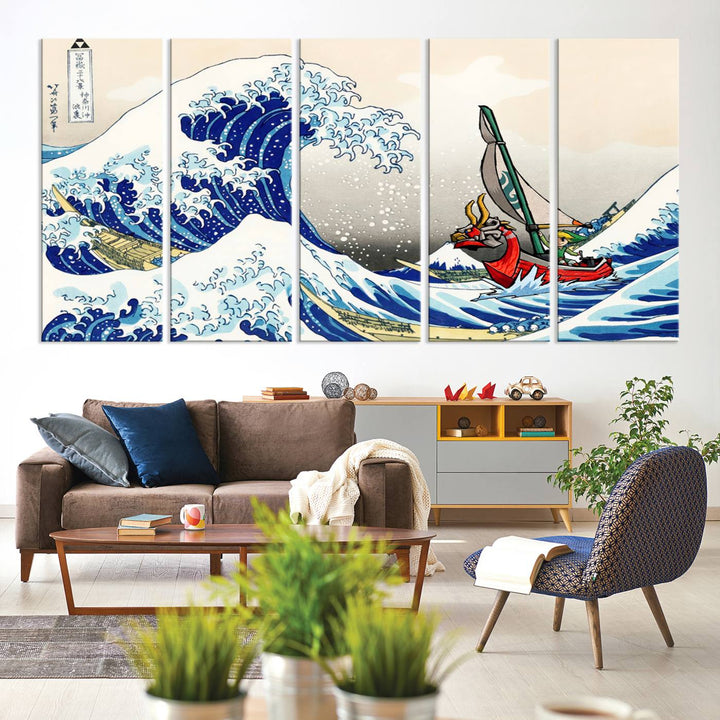 The Katsushika Hokusai Kanagawa Giant Wave Wall Art Canvas Print, featuring iconic Japanese art, brings a touch of modern artistry to the living room.