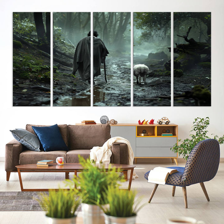 The "Forest Jesus Shepherd Canvas Wall Art" features a person with a cane, clothed in a cloak, walking beside a sheep through a misty forest. This piece captures tranquility and is ideal for adding serenity to your living room, office, or bedroom decor.