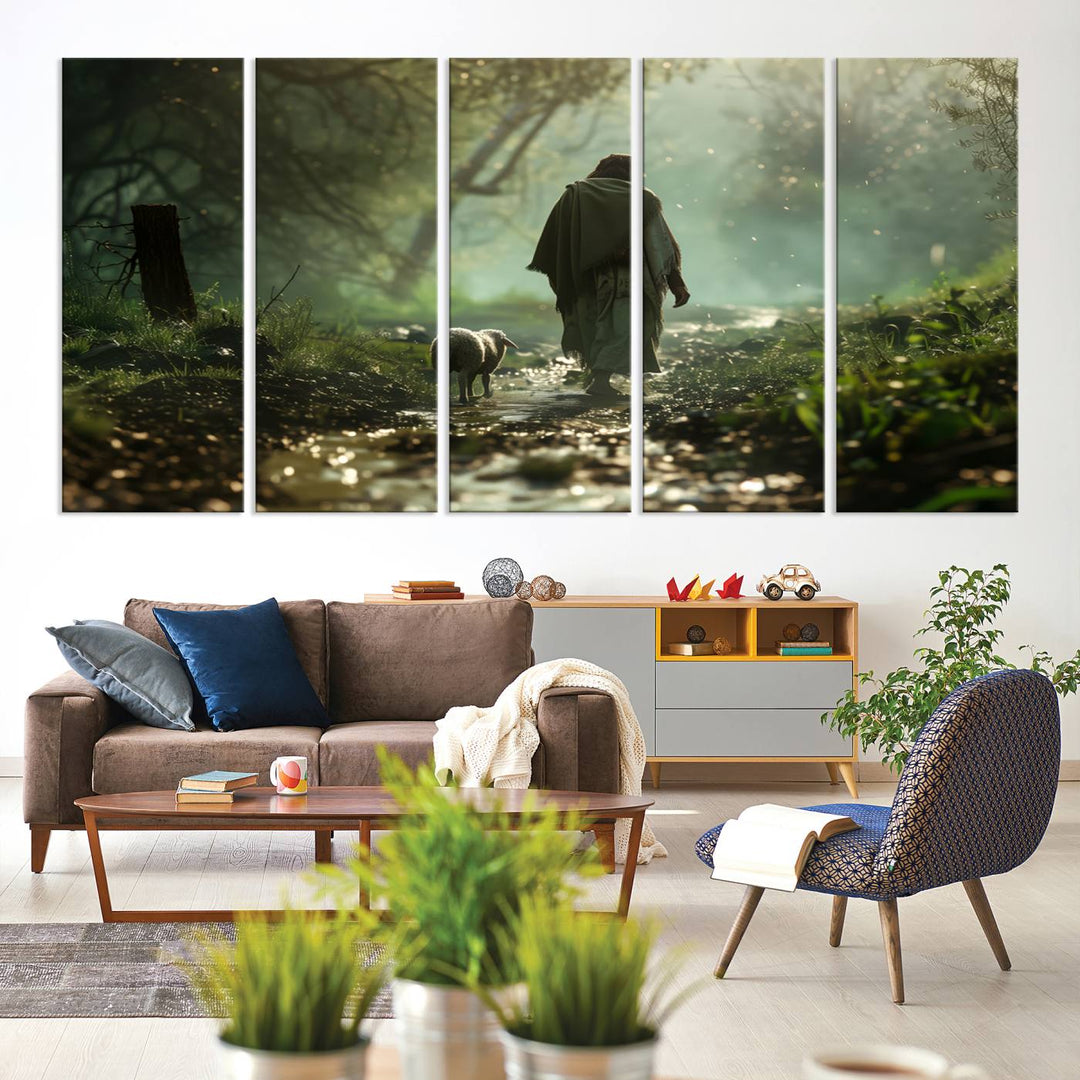 The wall art piece, titled "Jesus Shepherd a Lost Lamb Canvas Wall Art Print," is suspended on the wall and depicts a robed figure and a lamb wandering along a forest path.