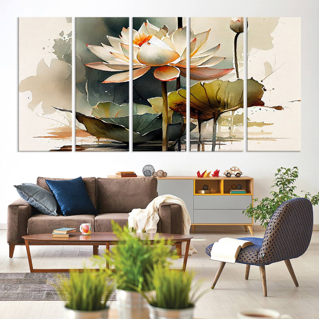 The Lotus Flower Watercolor Canvas Print, a contemporary wall art piece symbolizing serenity and growth with its soft watercolors, adorns the wall.