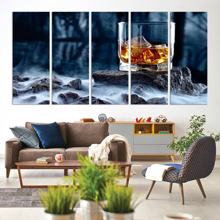 The Whiskey Ice Wall Art Canvas Print, a triptych featuring a glass of whiskey on the rocks, is crafted with a gallery-quality finish on premium canvas.