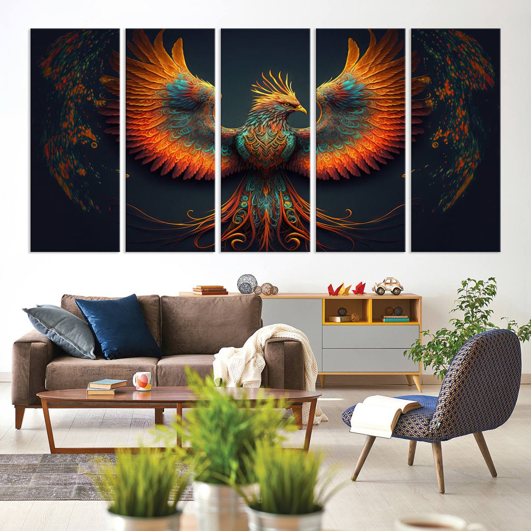 The Majestic Phoenix Wall Art Canvas Set, a fiery symbol of rebirth and strength, graces the wall.