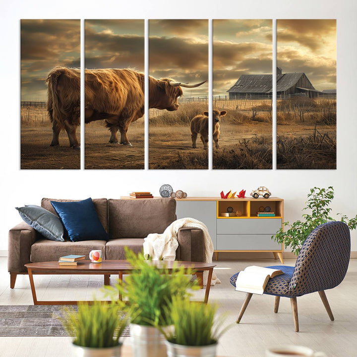 The living room features the "Highland Cow Canvas Wall Art Animal Print Pictures Fluffy Cattle Art," which captures a cow and calf in a rural sunset scene, adding gallery-quality charm.