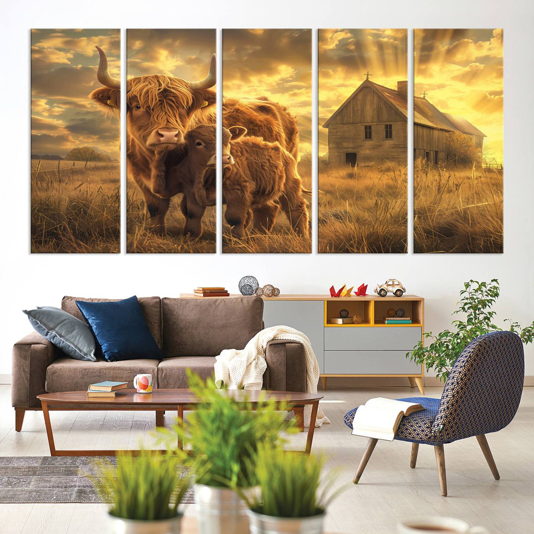 The room features the Barn and Highland Cow Canvas Wall Art Animal Print, a three-panel canvas depicting cows in a sunset field with a rustic barn backdrop. This handmade piece brings charm and character with its gallery-quality finish.