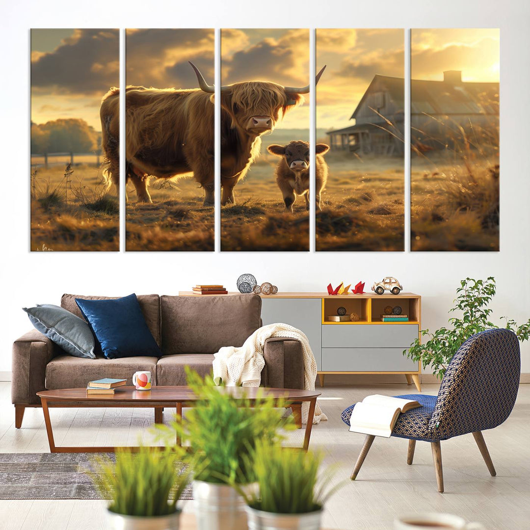 The "Highland Baby Cow Canvas Wall Art Animal Print" triptych art piece showcases a cow and calf in a sunlit field with a barn in the background.