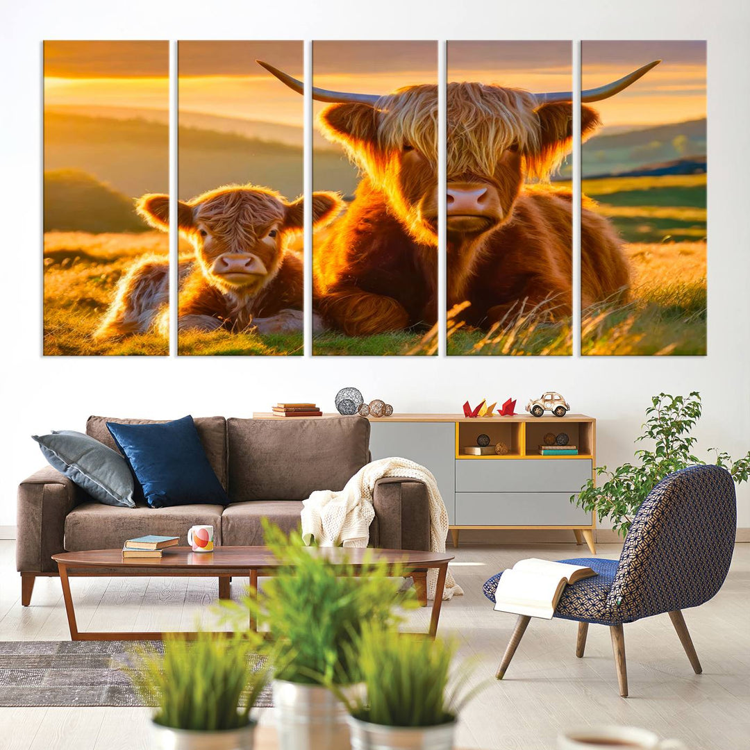 The living room showcases a gallery-quality finish with the Scottish Cow and Baby Cow Canvas Wall Art, featuring a charming animal print of fluffy cattle as the centerpiece. This stunning piece is displayed on premium canvas, creating an inviting atmosphere.