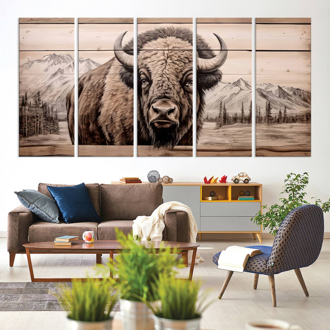 A stunning triptych artwork from the "Bison Canvas Wall Art American Buffalo Print Rustic Decor for Farmhouse Wall Art" collection graces the modern living room. Its vibrant colors are enhanced by museum-quality canvas and a UV-protective coating. The gallery-wrapped piece adds elegance to the space.