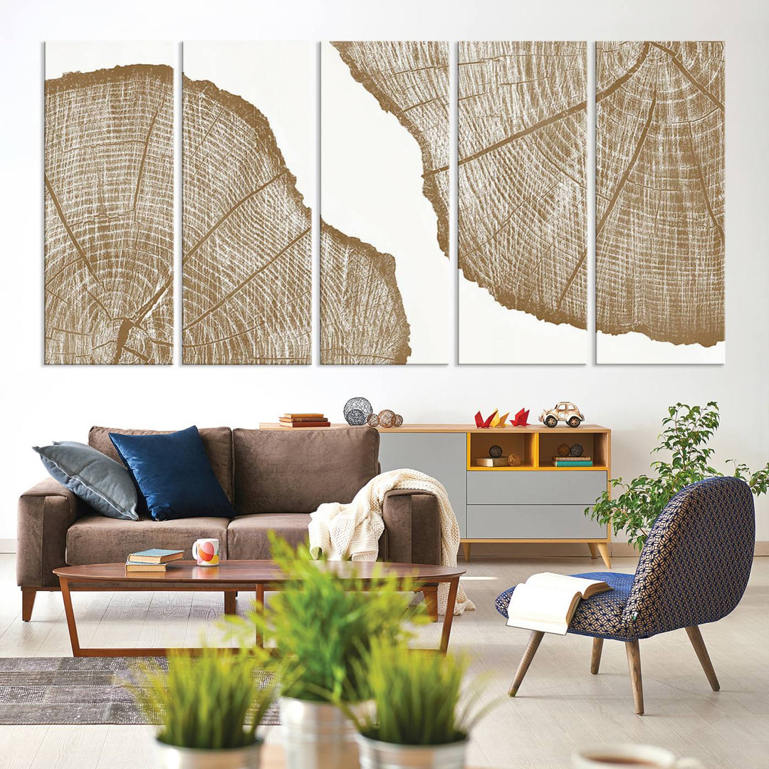 The "Rustic Brown Tree Ring Wall Art Canvas Print" in the living room adds an elegant, nature-inspired touch to the space.