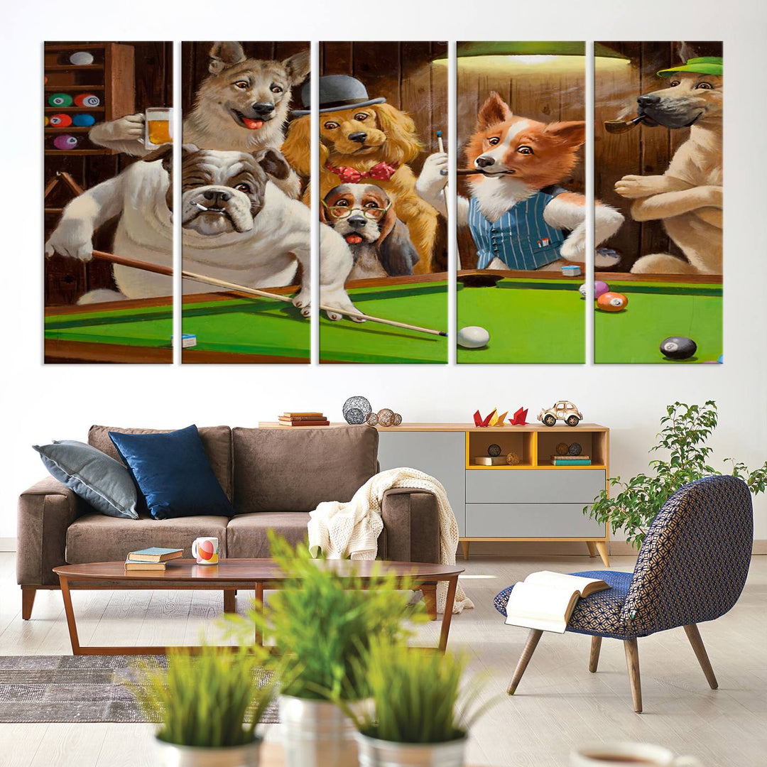 The "Dogs Playing Pool Canvas Wall Art" features a whimsical scene of dogs dressed as humans playing pool in a bar, presented as a three-panel display with a gallery-quality finish.