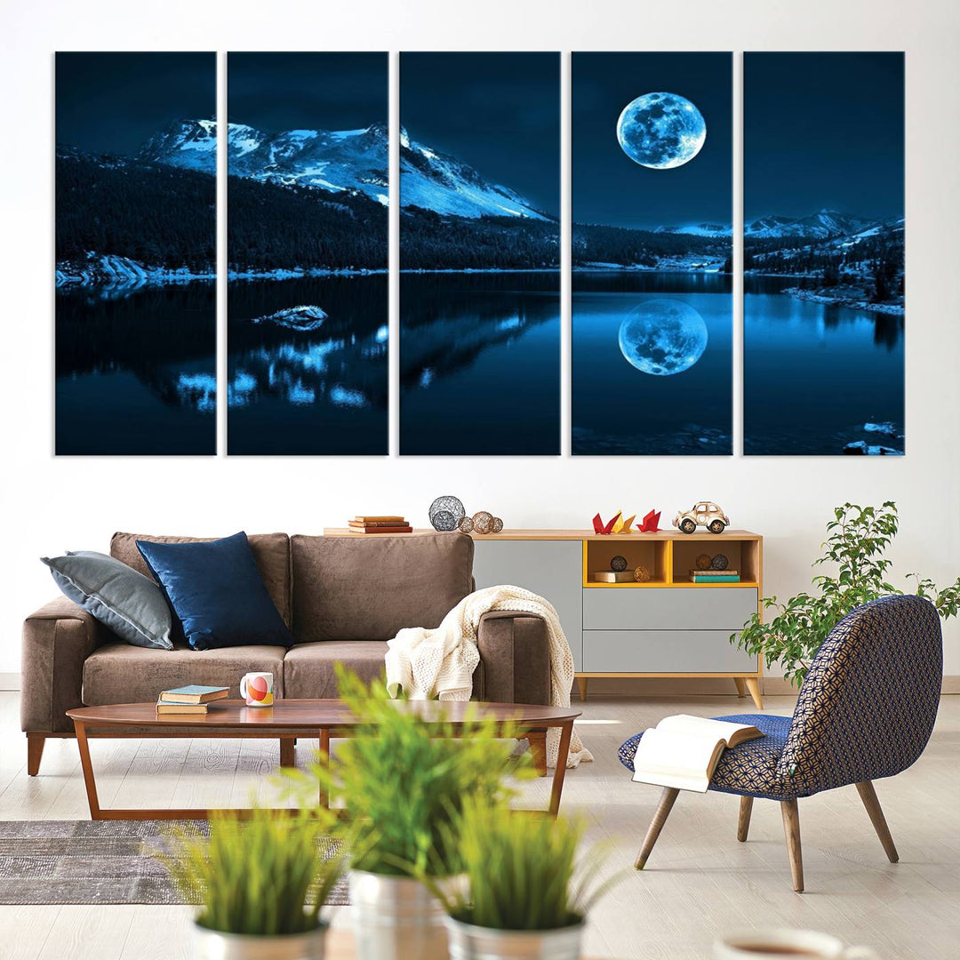 Blue Moon Mountain Lake Landscape Framed Wall Art Canvas Print