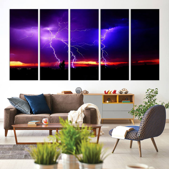 Electrifying Sunset Thunderstorm Canvas Print – Dramatic Lightning and Vibrant Sunset Wall Art