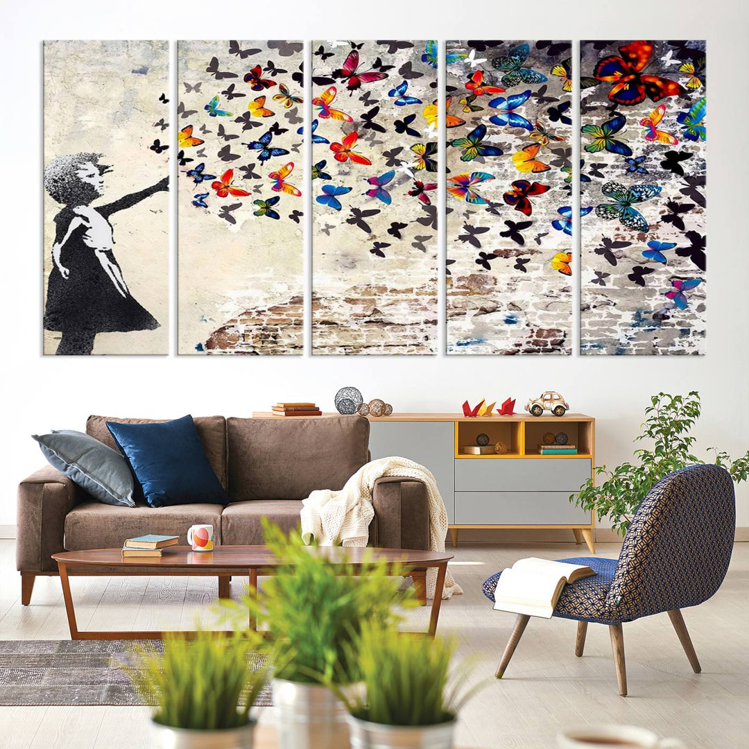 Banksy Style Girl with Butterflies Wall Art - Beautiful Framed Ready-to-Hang Triptych Canvas - Vibrant Butterfly Street Art for Modern Decor