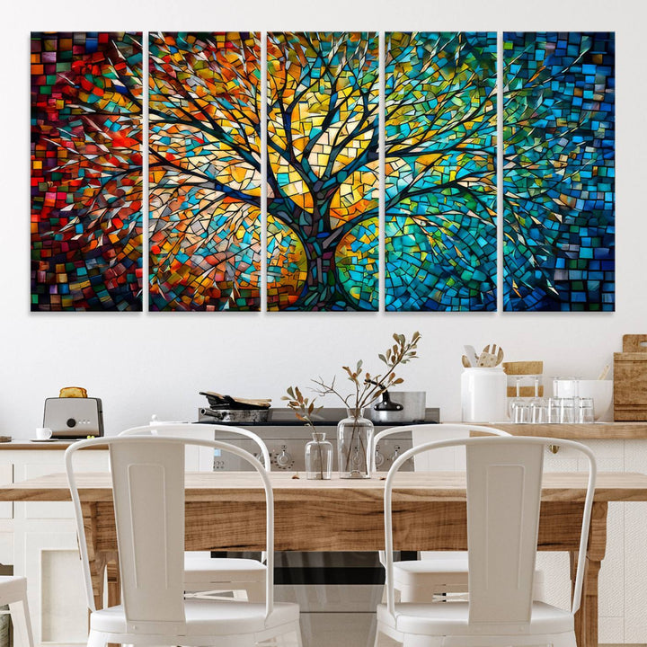 Explore the Yggdrasil Tree of Life Wall Art Print, a 3-panel canvas print made in the USA, featuring a vibrant multicolor mosaic design.