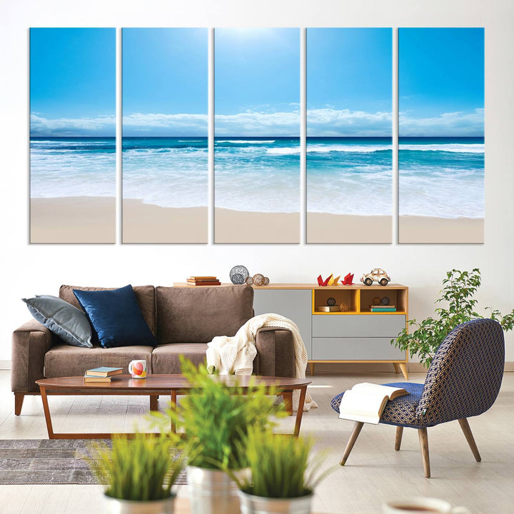 Lienzo decorativo para pared grande con estampado de mar y playa azul brillante