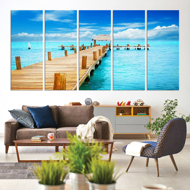 Tropical Pier Triptych Wall Art, Stunning Turquoise Ocean and Wooden Dock Canvas Print, Coastal Beach House Decor, Ocean View Canvas Art