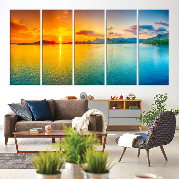 Wall Art Canvas Print Colorful Sunset Sea and Mountain Artwork